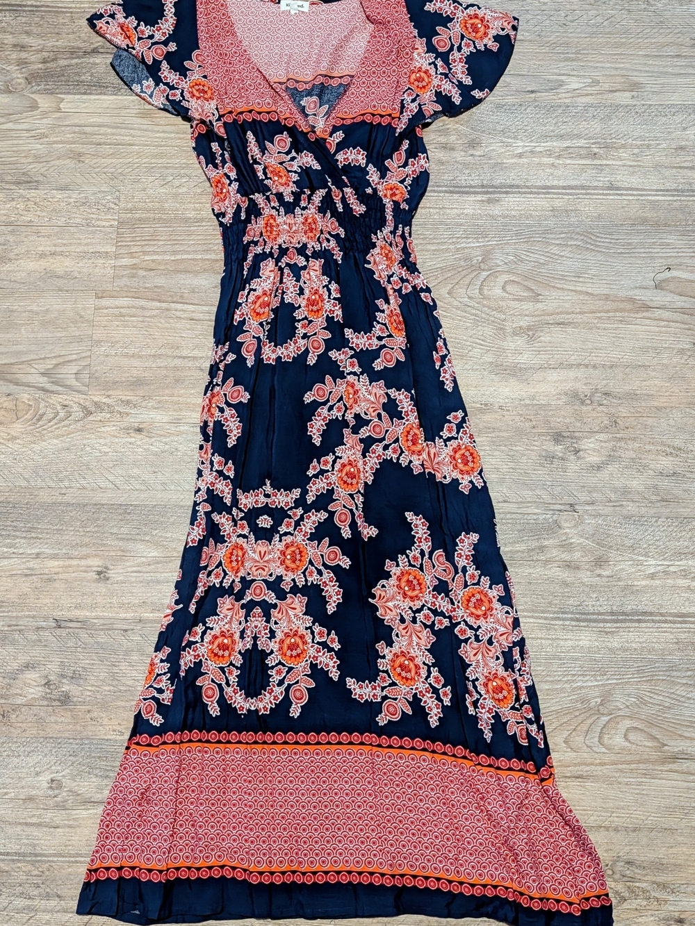 Anthropologie/Kindred Navy Floral Maxi Dress with Coral Accents